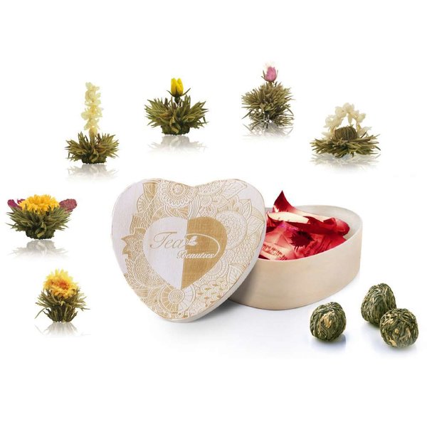 Creano Erblühtee Teeblumen in Holzschachtel in Herzform 6 Sorten aus weißer Tee
